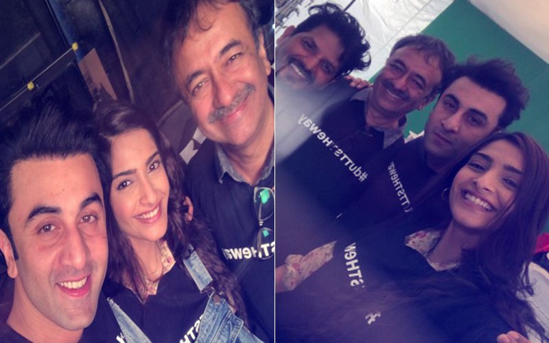 Ranbir Kapoor And Sonam Kapoor Including The Whole 'Dutt' Biopic Cast, Wears T-Shirt Labelled 'Dutt's The Way'. Is That The Film's Title?