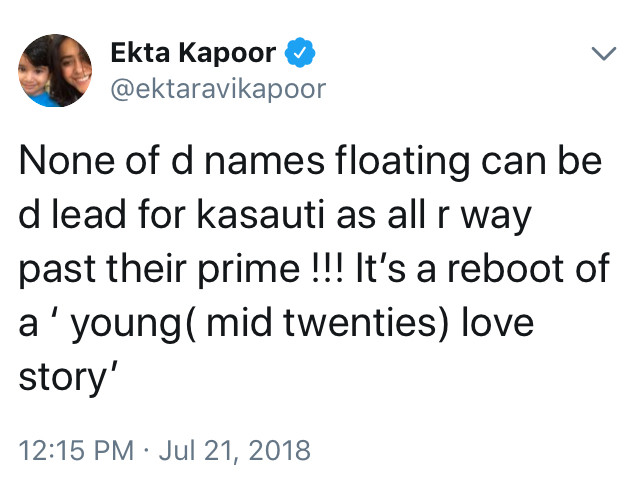 ekta kapoor tweets about kasauti