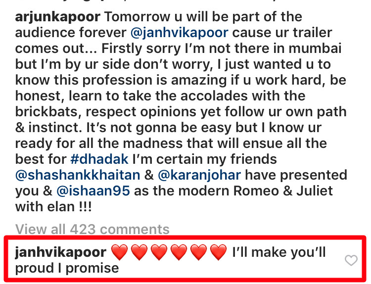 janhvi kapoor comment on arjun kapoor post