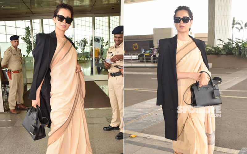 Kangana Ranaut Makes A Style Splash At The Airport As She Layers Her Saree With A Trench Coat