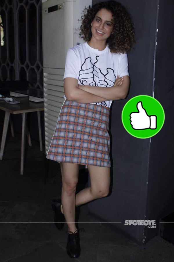 kangana ranaut snapped at simran promotions in a checked skirt and t-shirt