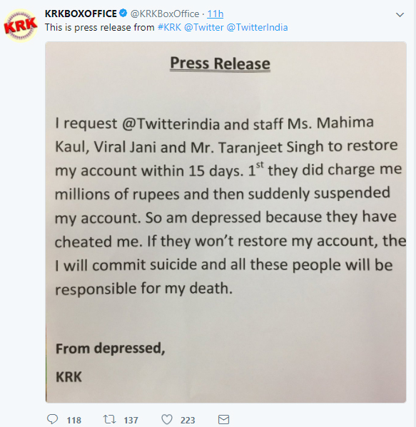 krk account to commit suicide