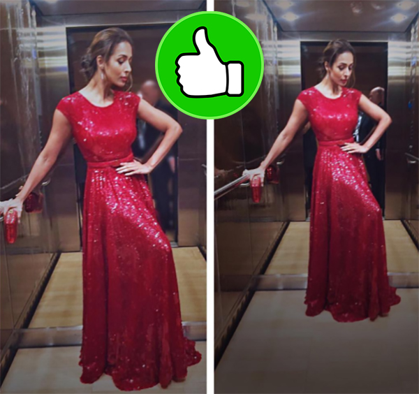 malaika arora in a red shimmery gown