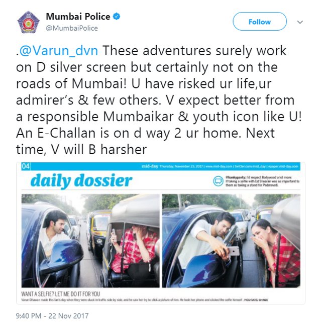 mumbai police tweets about varun dhawan
