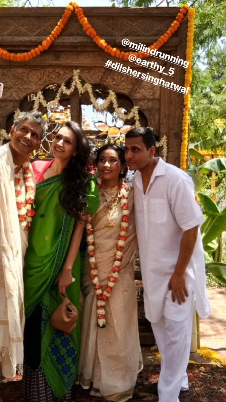 newly weds milind soman ankita konwar and dipannita sharma with her husband