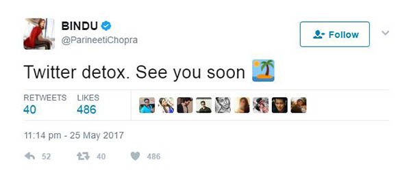 parineeti chopra tweets prior to her break from twitter 