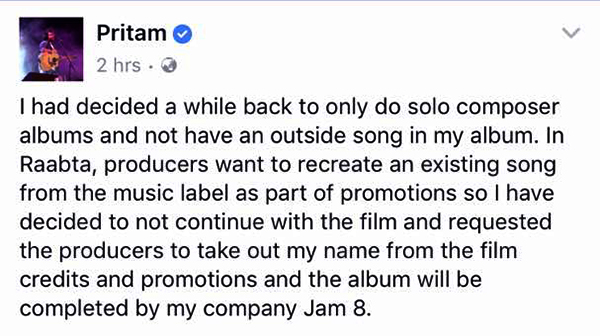 pritam facebook post about him quitting raabta