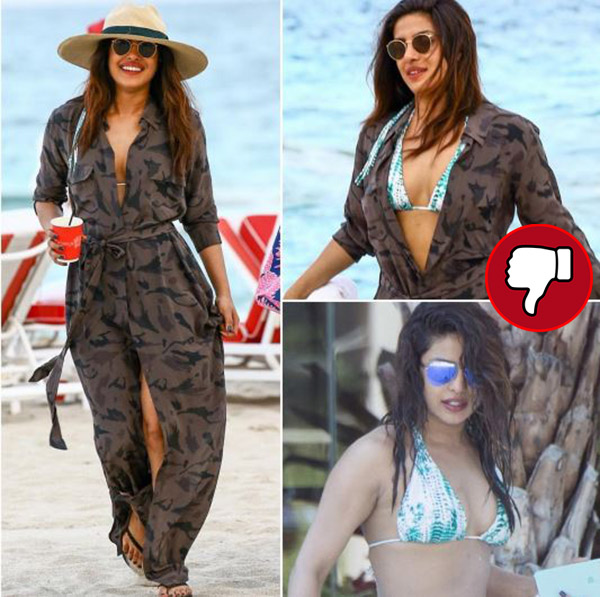 priyanka chopra in a military print overall on a bikini on a beach in miami