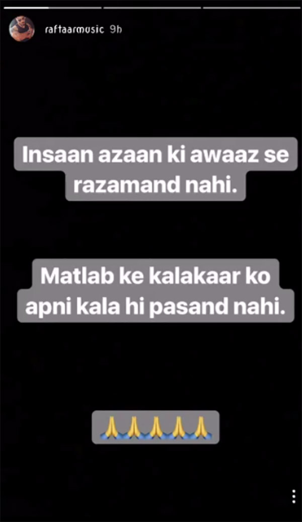 raftaar takes a dig at sonu nigam by posting on the azaan controversy 