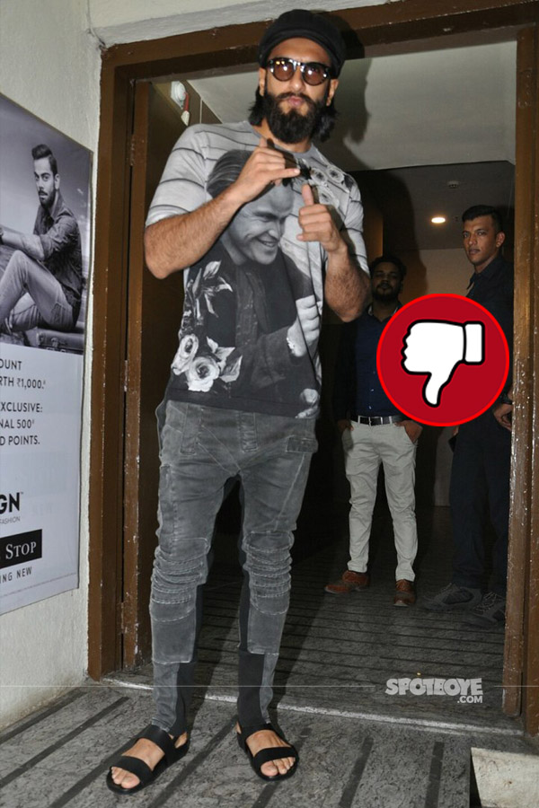 ranveer singh in a grey t-shirt and grey jeggings at pvr cinems juhu