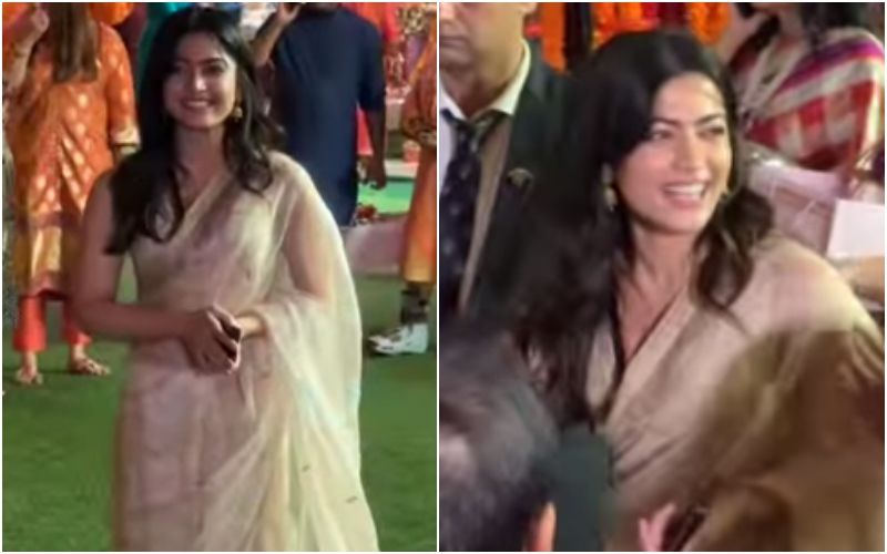 Rashmika Mandanna Slays In A Golden Saree As Attends Ambani’s Ganesh Chaturthi Celebrations- Watch