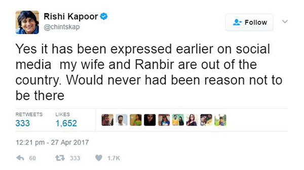 rishi kapoor tweet justifies that ranbir an dneetu were out of the city but yet wonders if they would have made it
