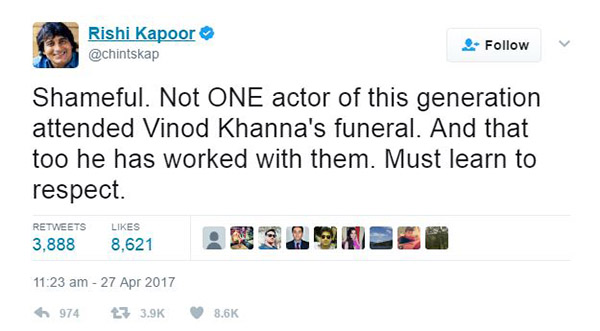 rishi kapoor tweet about how shameful it is that no actors of this generation attended vinod khanna funeral