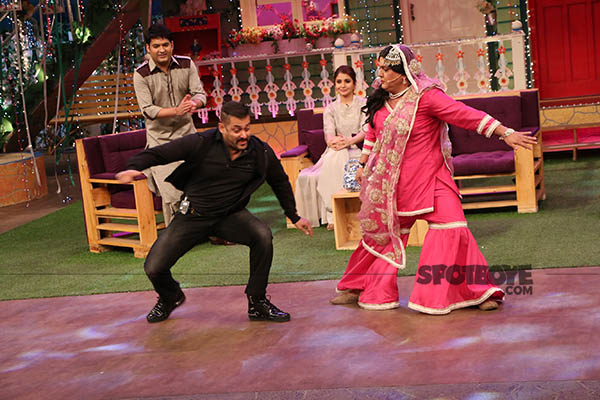 salman khan with ali asgar on the sets of the kapil sharma show during sultan promotion