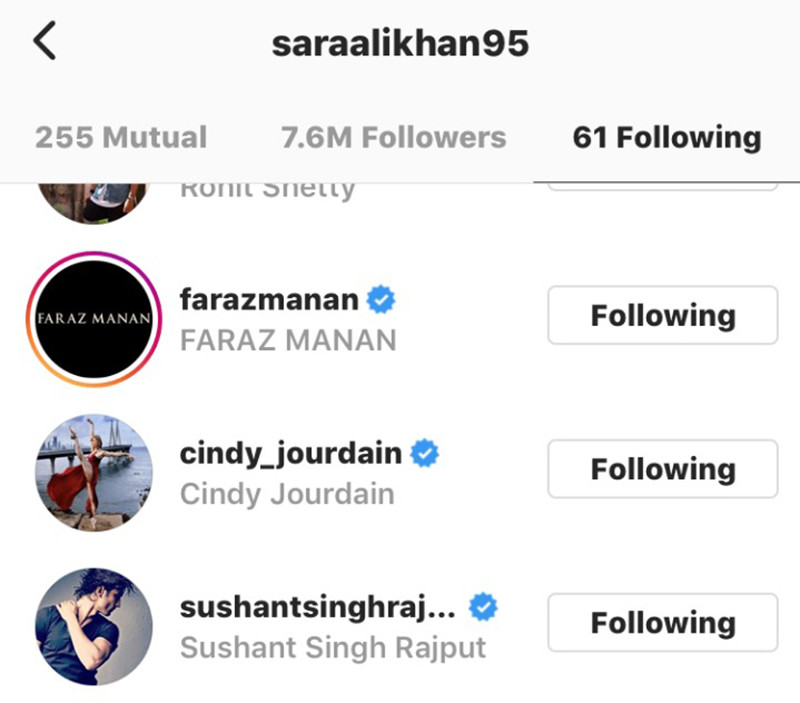 Sara Ali Khan follows Sushant Singh Rajput