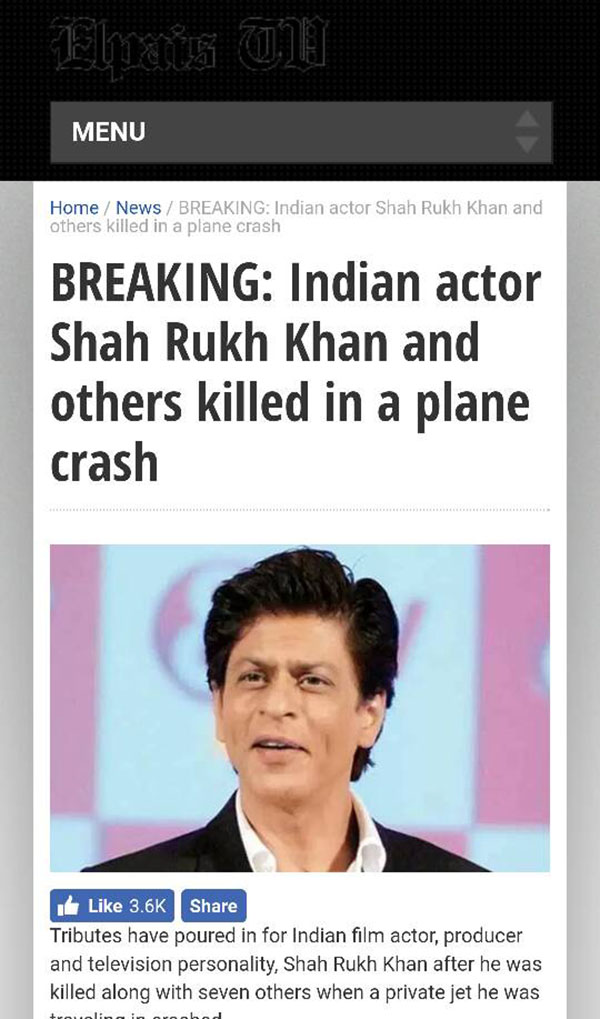 shah rukh khan death hoax published by a french website