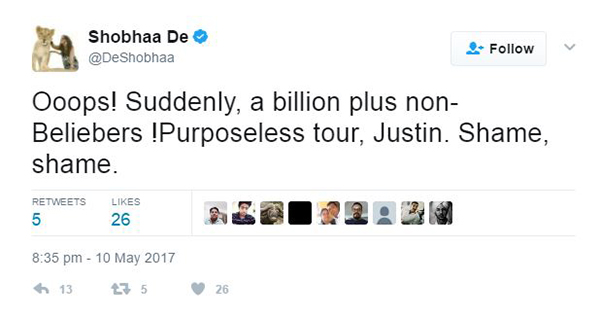shobhaa de tweets bad about justin bieber purpose tour in india