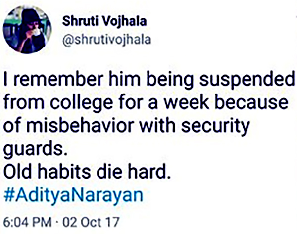 shruti vojhala tweets about aditya narayan being suspended in college