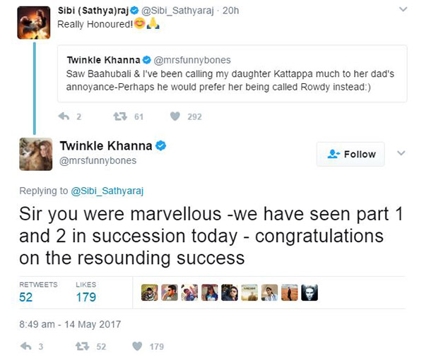 sibi sathya raj responds totwinkle khanna tweet on her calling her daughter kattappa