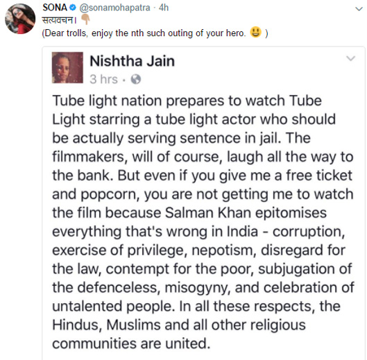 sona mohapatra retweeted to nishtha jain twitter post