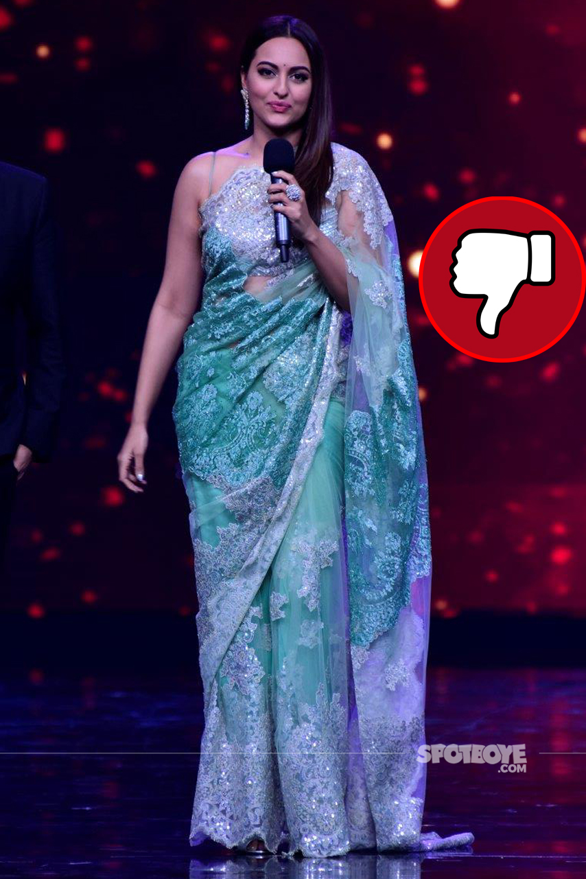 sonakshi sinha looks not so great in this green saree which she wore to nach baliye