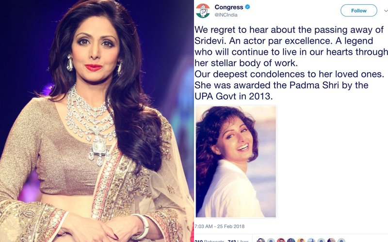 Congress Party Takes Down Condolence Message For Sridevi After Furious Backlash On Twitter