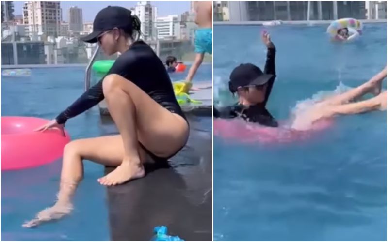 EPIC FAIL! Sunny Leone Falls In The Pool While Trying To Get On A Floaty; Concerned Fan Says, ‘Careful Miss, What If You Hit Your Head’- WATCH Video