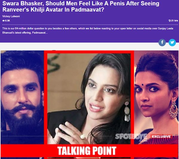 swara bhasker should men feel like a penis after seeing ranveers khilji avatar in padmaavat