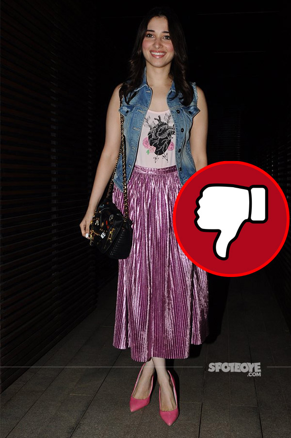 tamannaah bhatia snapped at ventilator success bash in a sleveless denim jacket and skirt