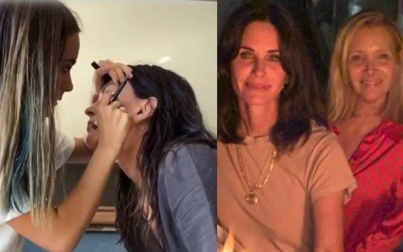 Monica Courteney Cox Of FRIENDS Gets Eye Make-up Done By Daughter Coco; Phoebe Lisa Kudrow Is Having Fun Watching - VIDEO