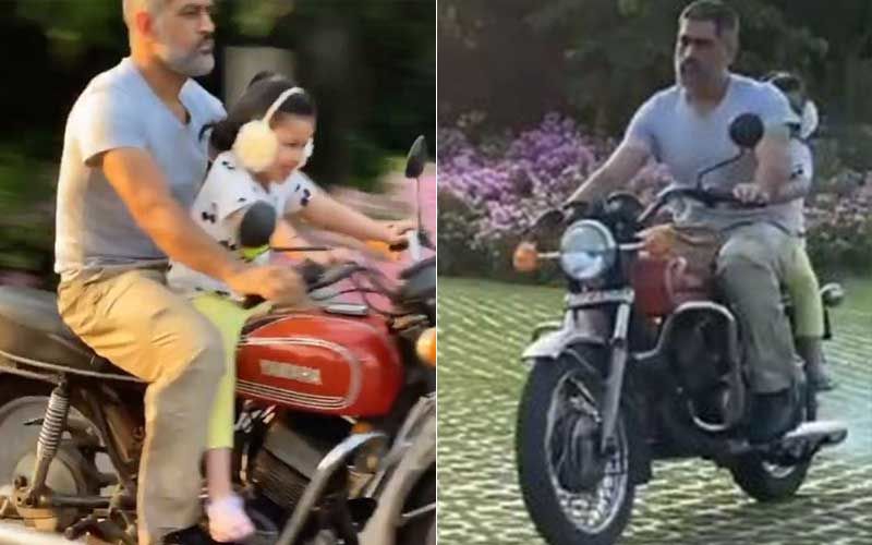 MS Dhoni Enjoys A Bike Ride On His Restored Bike With Daughter Ziva Dhoni; Wife Sakshi Dhoni Shares A Sneak-Peek