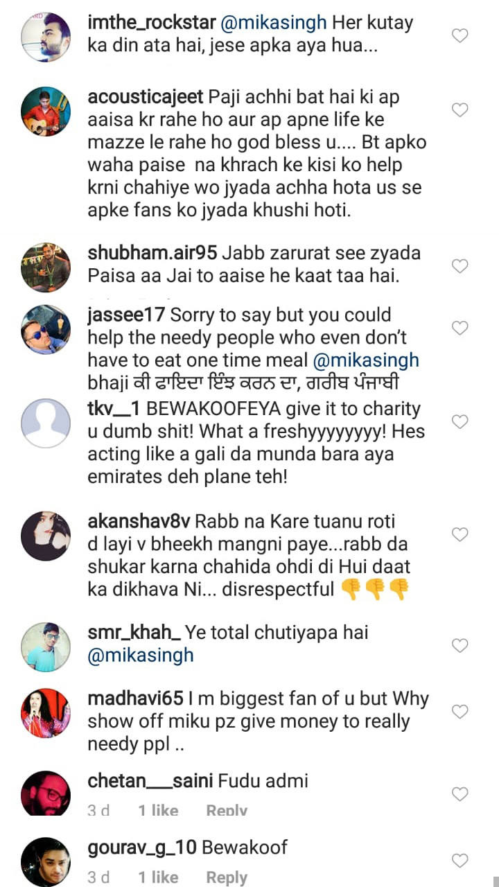 troll comments on mika singh post