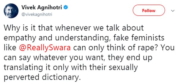 vivek agnihotri again replies to swara bhasker