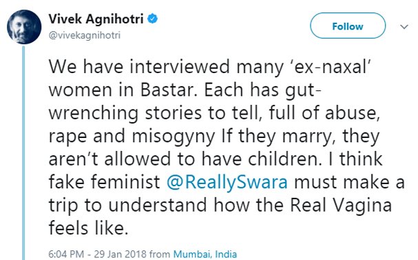 vivek agnihotri tweets replying to swara bhasker