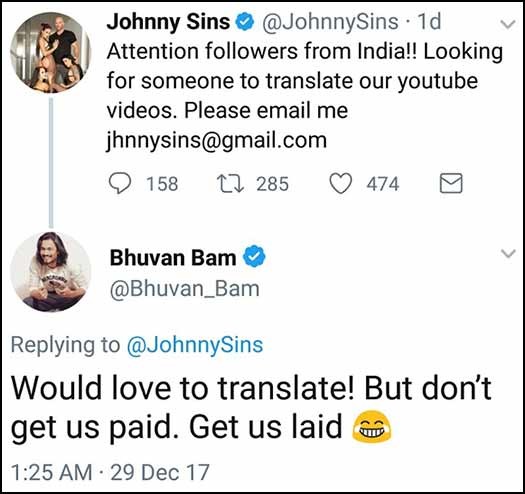 Johnny Sin Mia Khalifa Videos - THROWBACK! Bhuvan Bam Says, 'Don't Get Us Paid, Get Us Laid' As He TROLLS  Pornstar Johnny Sins As He Requests Indians To Translate His YouTube  Video-SEE TWEETS