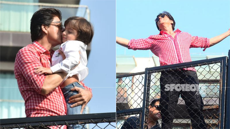 Birthday Boy Shah Rukh Khan Kisses AbRam & Does His Signature Pose For Fans Outside Mannat - View Pics